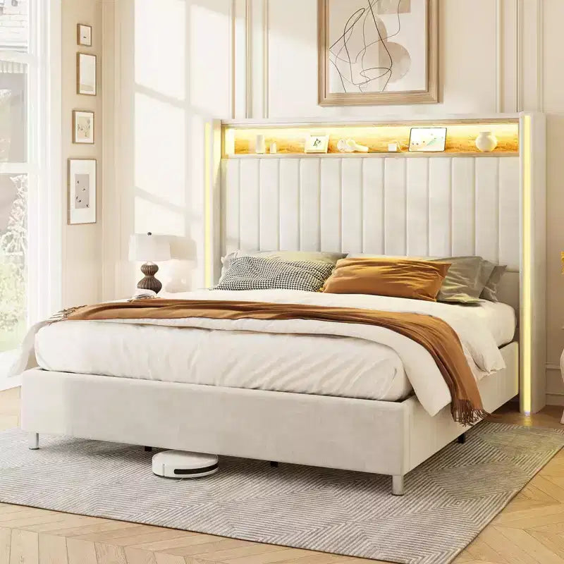 Struttura letto imbottita con luci a LED, porte di ricarica e testiera contenitore