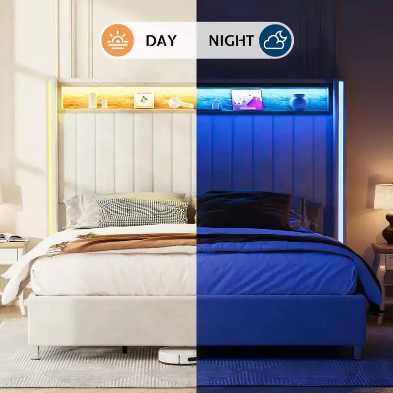 Struttura letto imbottita con luci a LED, porte di ricarica e testiera contenitore
