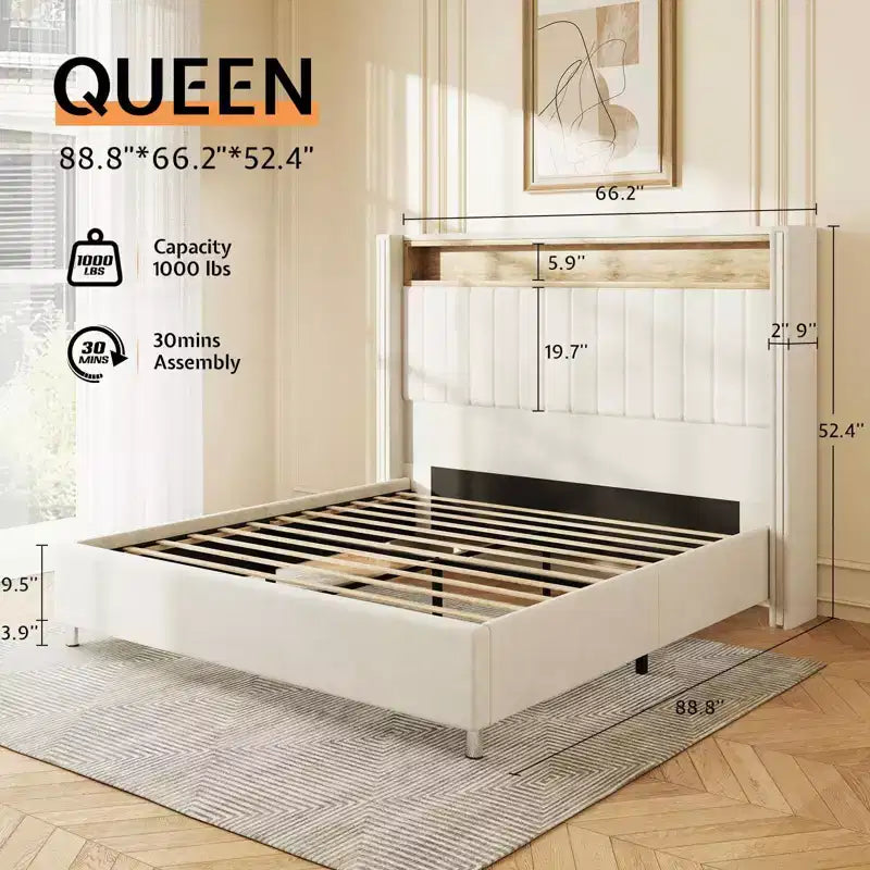 Struttura letto imbottita con luci a LED, porte di ricarica e testiera contenitore