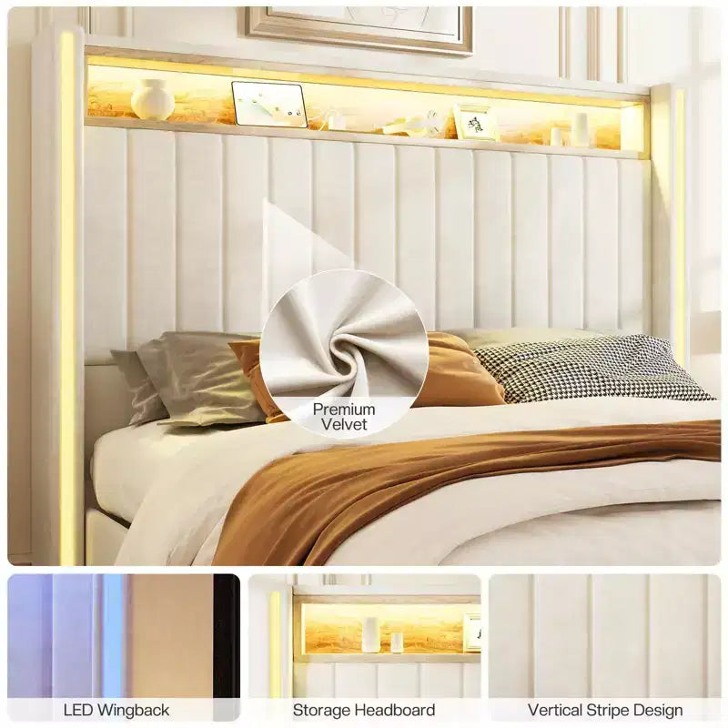 Struttura letto imbottita con luci a LED, porte di ricarica e testiera contenitore