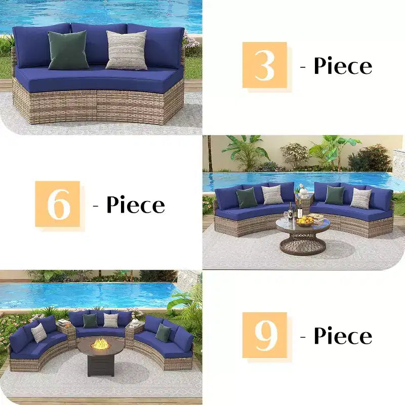 Set divano da esterno componibile a mezzaluna con tavolino angolare