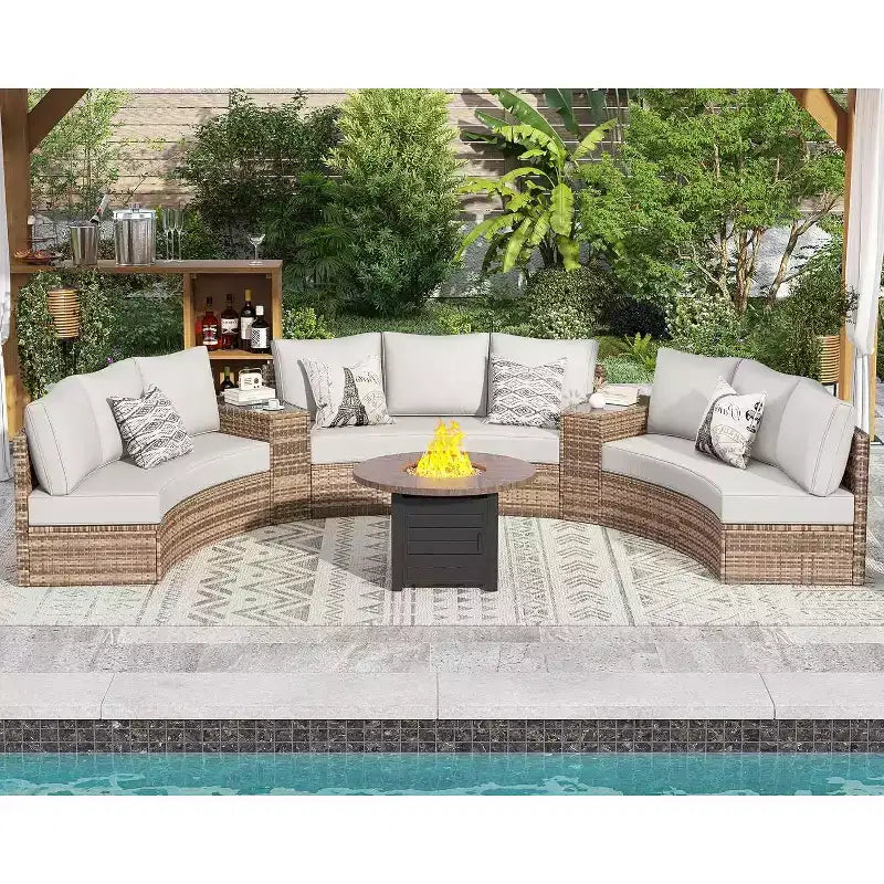 AMERLIFE Patio Furniture Sets, Half-Moon Sectional Round Sofa Set, Outdoor Patio Furniture with Wedge Table