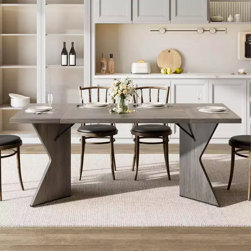 Tavolo da pranzo rettangolare da 180 cm per 6 persone con piano in legno e gambe a V