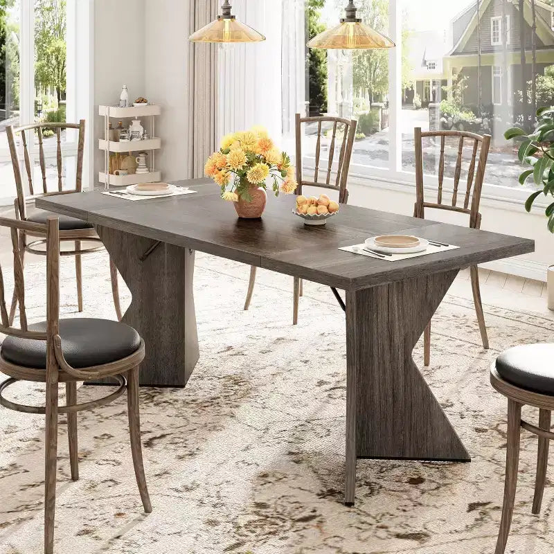 Tavolo da pranzo rettangolare da 180 cm per 6 persone con piano in legno e gambe a V