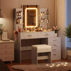Set toeletta con specchio LED, prese di ricarica, 6 cassetti, mensole, porta asciugacapelli e sgabello