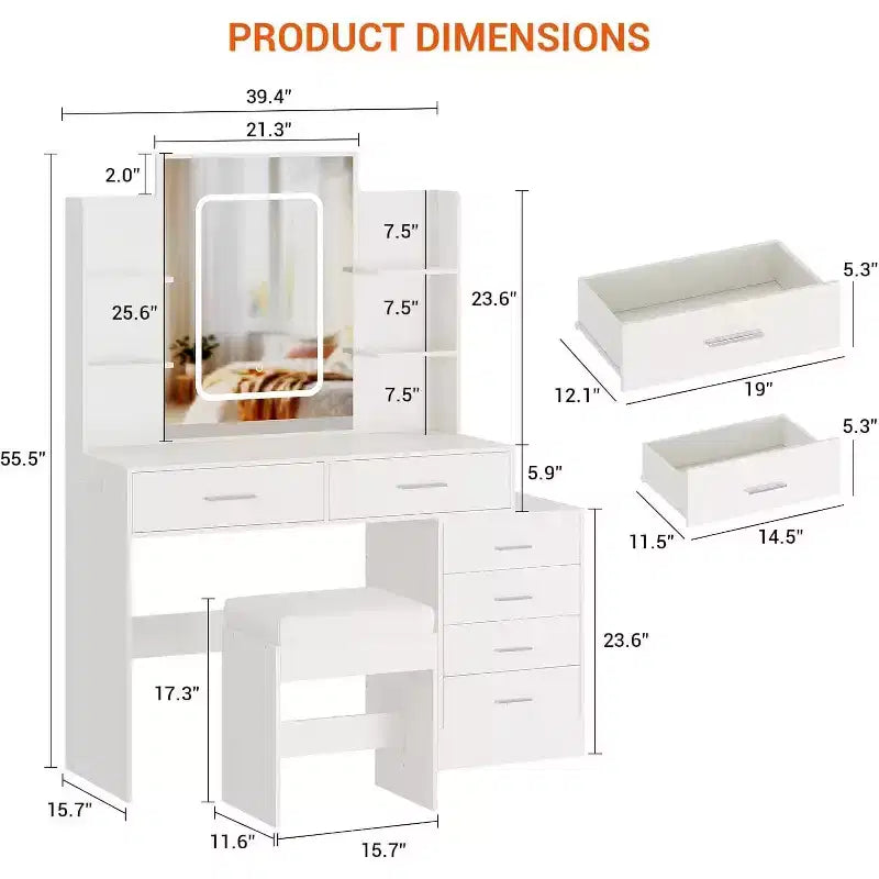 Set toeletta con specchio LED, prese di ricarica, 6 cassetti, mensole, porta asciugacapelli e sgabello