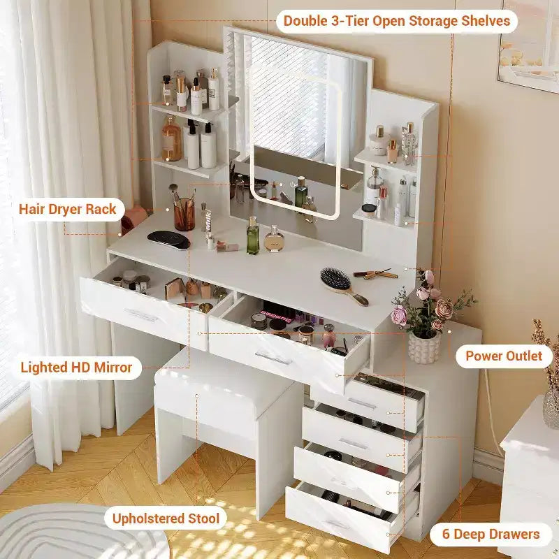 Set toeletta con specchio LED, prese di ricarica, 6 cassetti, mensole, porta asciugacapelli e sgabello