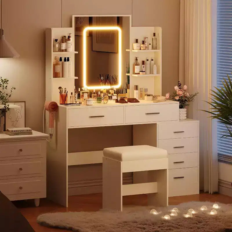 Set toeletta con specchio LED, prese di ricarica, 6 cassetti, mensole, porta asciugacapelli e sgabello