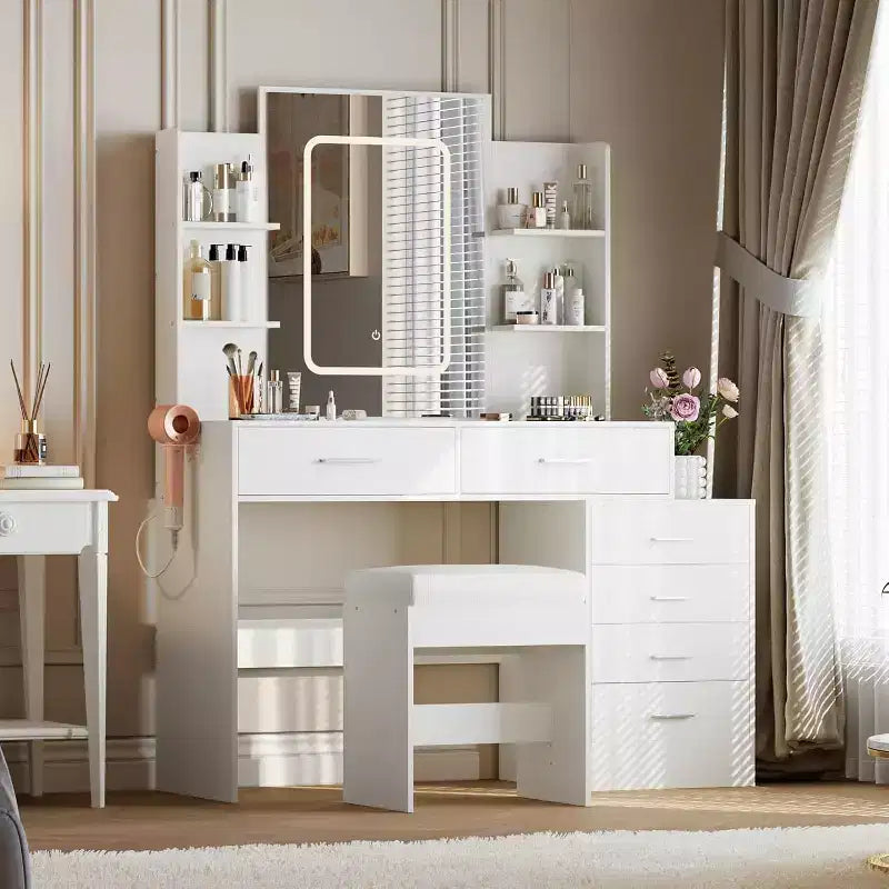 Acekool Vanity Desk Set with LED Mirror, Charging Ports, 6 Drawers, Shelves, Hairdryer Holder & Stool, Adjustable Lighting, White
