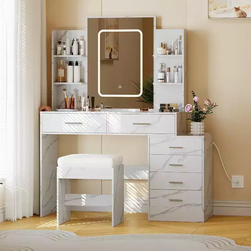 Set toeletta con specchio LED, prese di ricarica, 6 cassetti, mensole, porta asciugacapelli e sgabello