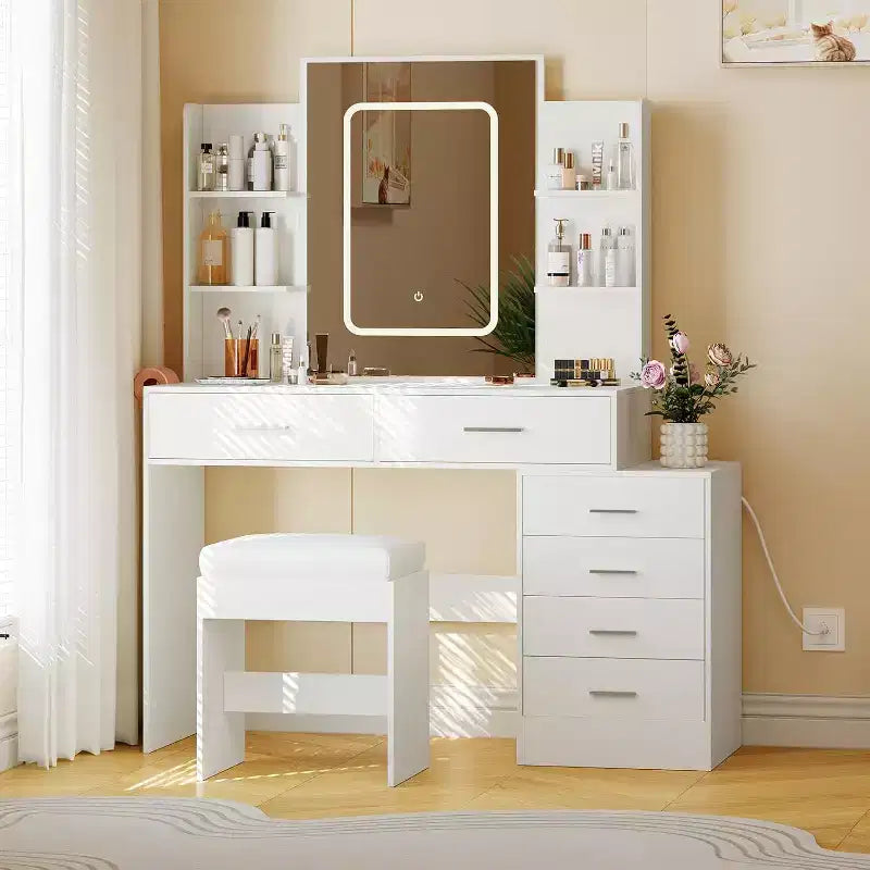 Set toeletta con specchio LED, prese di ricarica, 6 cassetti, mensole, porta asciugacapelli e sgabello