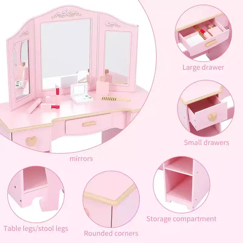 Set da Toilette e Sedia per Bambine con Specchio, Cassetti e Sgabello