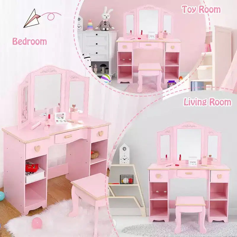 Set da Toilette e Sedia per Bambine con Specchio, Cassetti e Sgabello