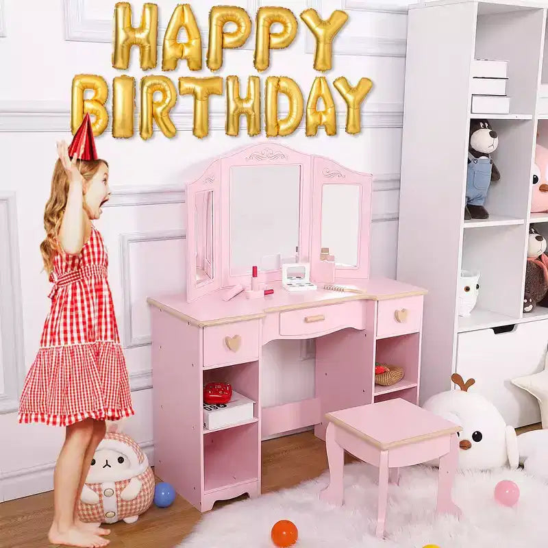Set da Toilette e Sedia per Bambine con Specchio, Cassetti e Sgabello