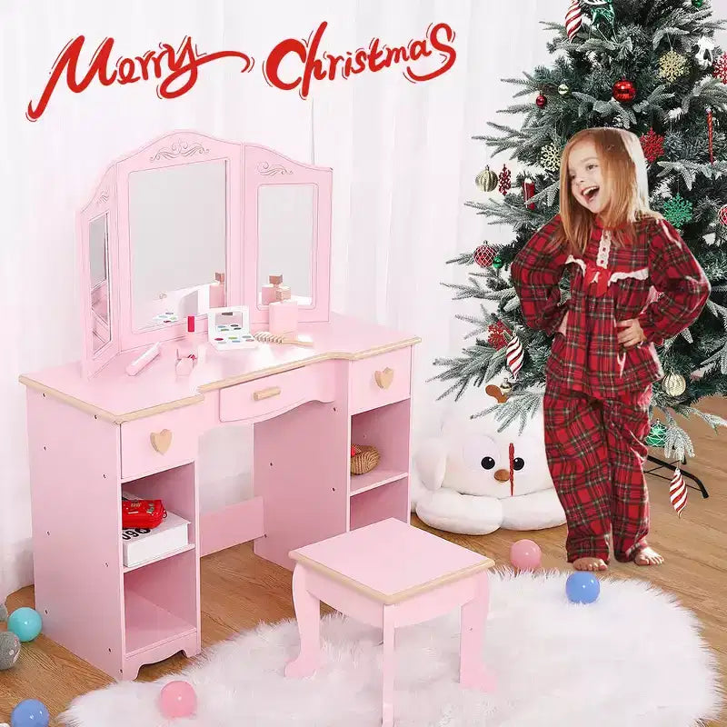Set da Toilette e Sedia per Bambine con Specchio, Cassetti e Sgabello