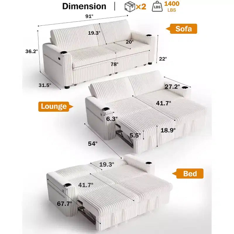 Divano letto sezionale da 91 pollici con letto estraibile, schienale regolabile, porte USB, portabicchieri e tessuto in morbido velluto a coste