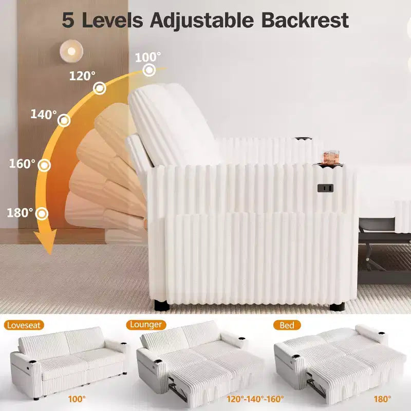 Divano letto sezionale da 91 pollici con letto estraibile, schienale regolabile, porte USB, portabicchieri e tessuto in morbido velluto a coste