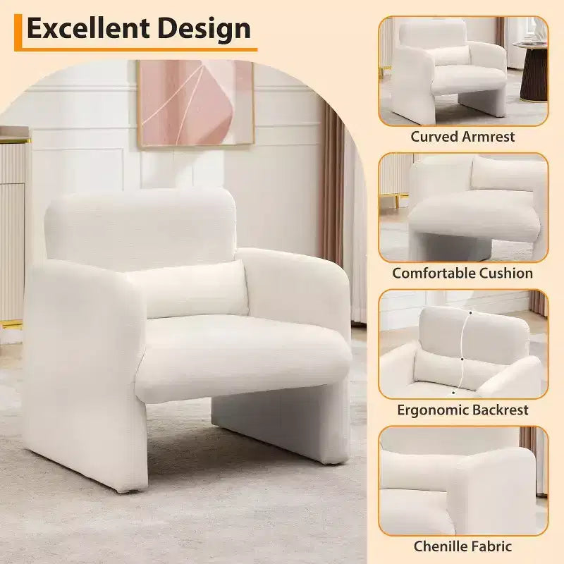Poltrona Accent in ciniglia color crema con cuscino lombare e struttura in legno