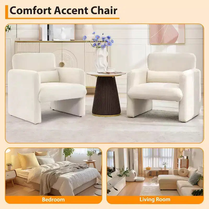 Poltrona Accent in ciniglia color crema con cuscino lombare e struttura in legno