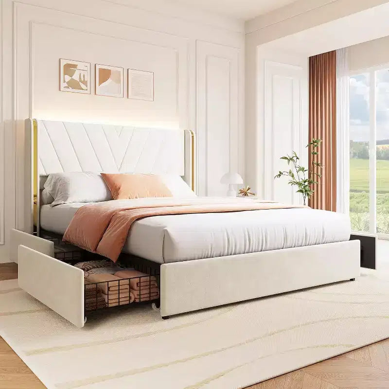 Letto matrimoniale con luci a LED e cassetti contenitore