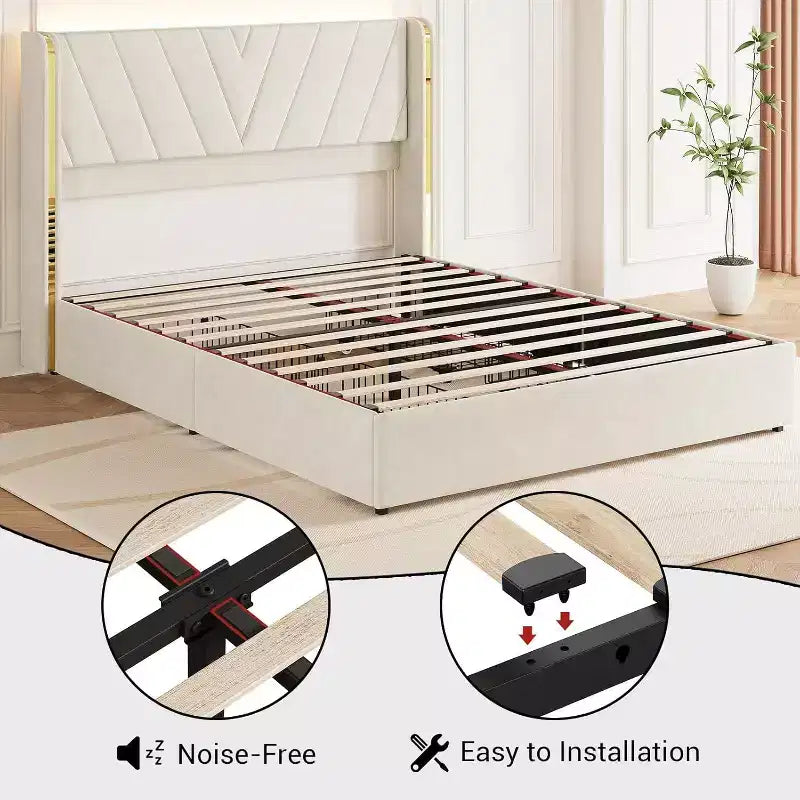 Letto matrimoniale con luci a LED e cassetti contenitore