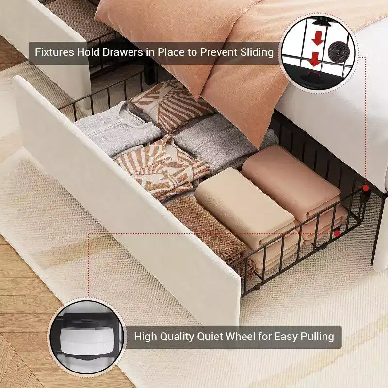 Letto matrimoniale con luci a LED e cassetti contenitore