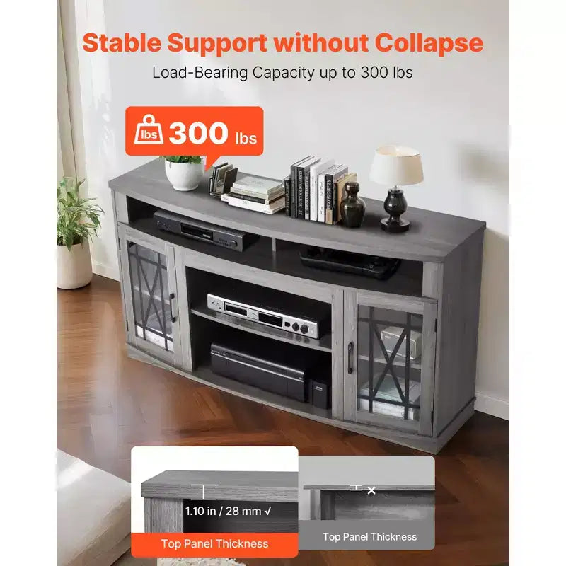 Mobile porta TV per televisori fino a 65 pollici con striscia LED e ante in vetro, grigio