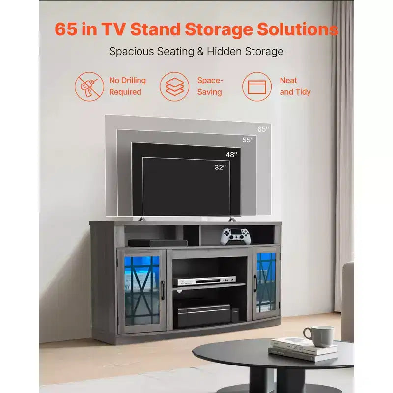 Mobile porta TV per televisori fino a 65 pollici con striscia LED e ante in vetro, grigio