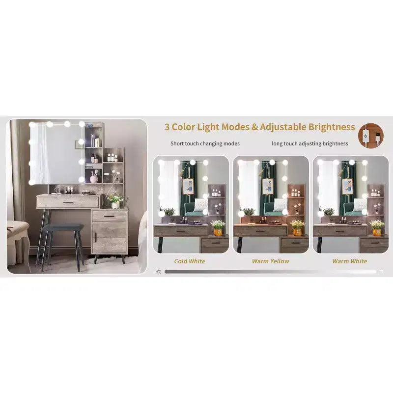 Set Toeletta con Specchio Illuminato, Cassetti, Contenitore e Sgabello, Grigio