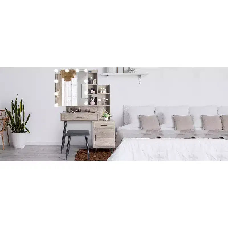 Set Toeletta con Specchio Illuminato, Cassetti, Contenitore e Sgabello, Grigio