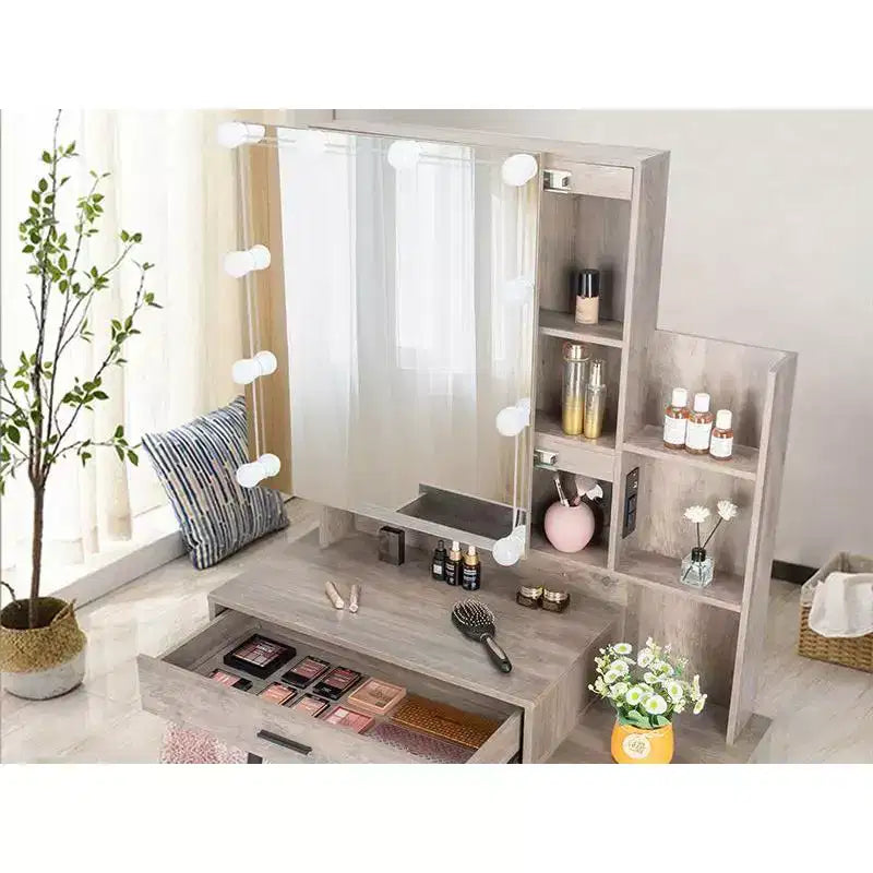 Set Toeletta con Specchio Illuminato, Cassetti, Contenitore e Sgabello, Grigio