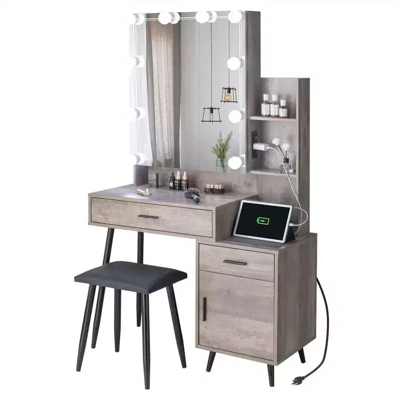 Set Toeletta con Specchio Illuminato, Cassetti, Contenitore e Sgabello, Grigio