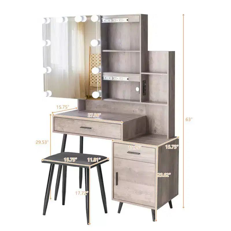 Set Toeletta con Specchio Illuminato, Cassetti, Contenitore e Sgabello, Grigio