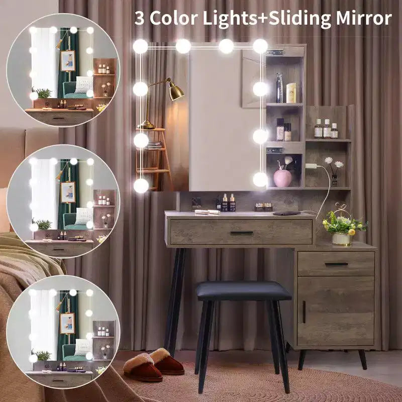 Set Toeletta con Specchio Illuminato, Cassetti, Contenitore e Sgabello, Grigio