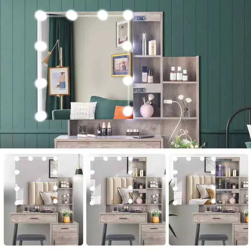 Set Toeletta con Specchio Illuminato, Cassetti, Contenitore e Sgabello, Grigio