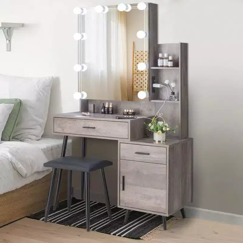 Set Toeletta con Specchio Illuminato, Cassetti, Contenitore e Sgabello, Grigio