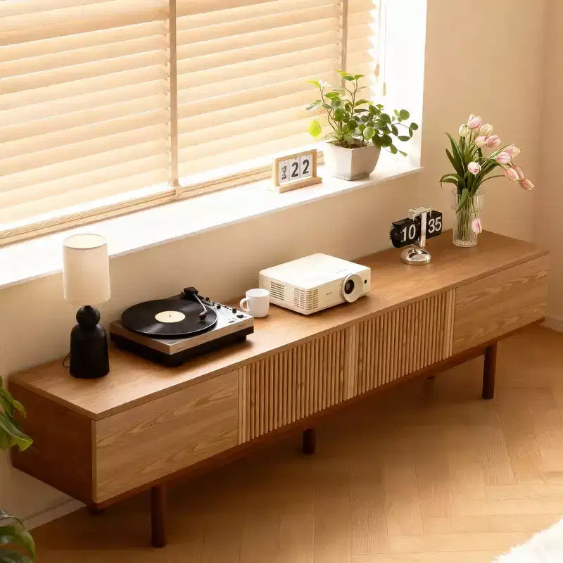Mobile TV in legno massello da 86,6" per TV fino a 90" – Consolle multimediale moderna di metà secolo con ante a doghe