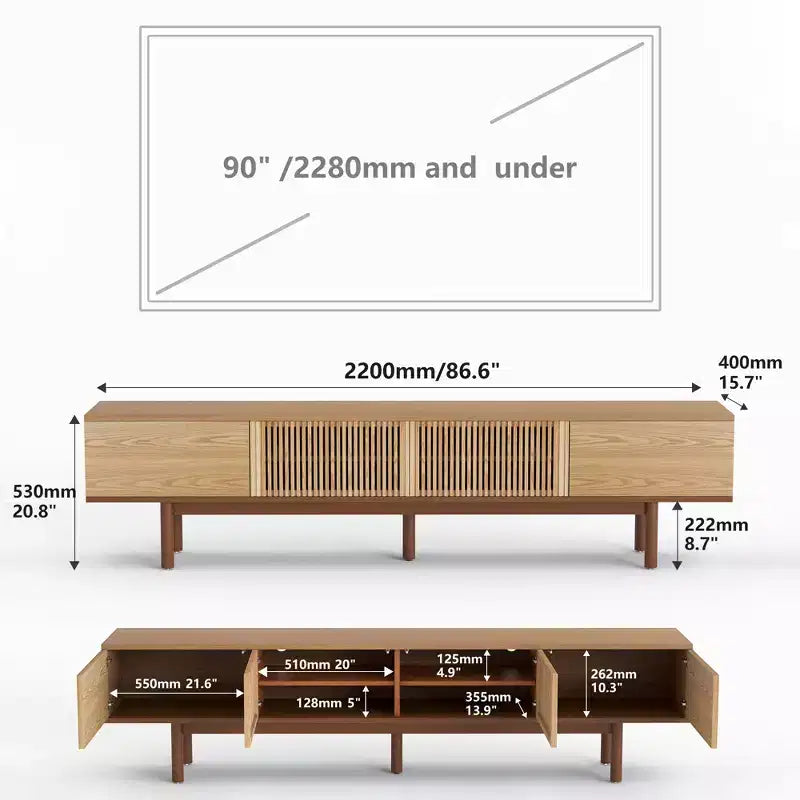 Mobile TV in legno massello da 86,6" per TV fino a 90" – Consolle multimediale moderna di metà secolo con ante a doghe
