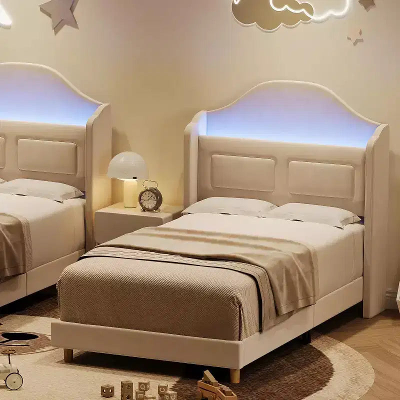 Struttura letto a LED singola con testiera contenitore e stazione di ricarica