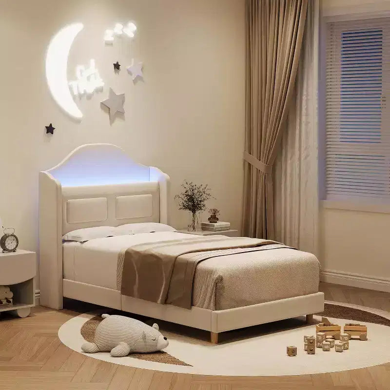 Struttura letto a LED singola con testiera contenitore e stazione di ricarica