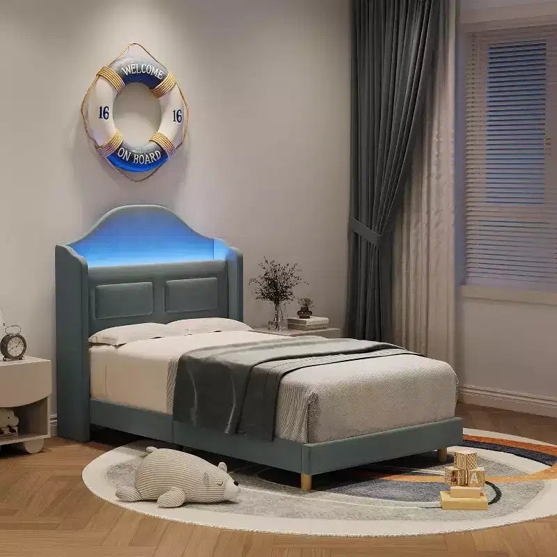 Struttura letto a LED singola con testiera contenitore e stazione di ricarica