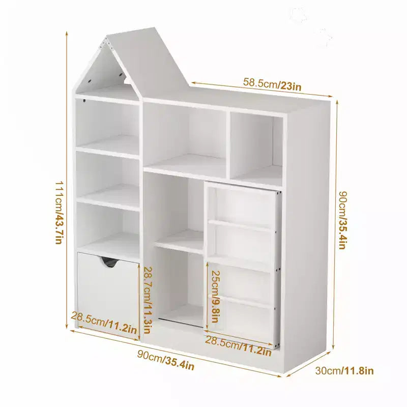Organizer giocattoli e libreria per bambini da 111 cm con cassetti mobili e scomparti, bianco