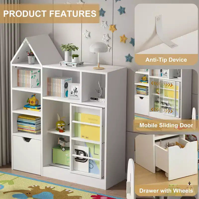 Organizer giocattoli e libreria per bambini da 111 cm con cassetti mobili e scomparti, bianco