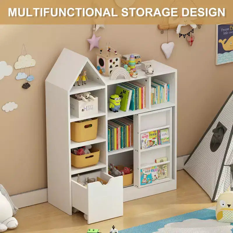 Organizer giocattoli e libreria per bambini da 111 cm con cassetti mobili e scomparti, bianco