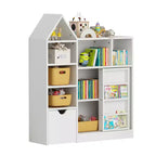 Organizer giocattoli e libreria per bambini da 111 cm con cassetti mobili e scomparti, bianco