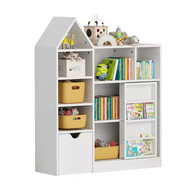 Organizer giocattoli e libreria per bambini da 111 cm con cassetti mobili e scomparti, bianco
