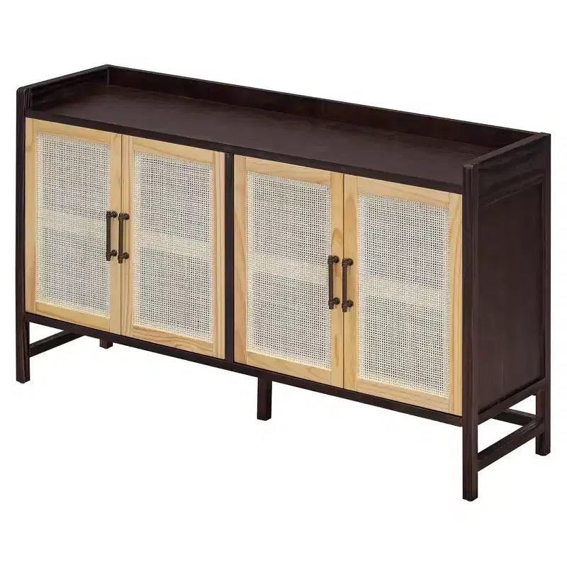 Credenza Rustica con Ante in Rattan e Ripiani Regolabili