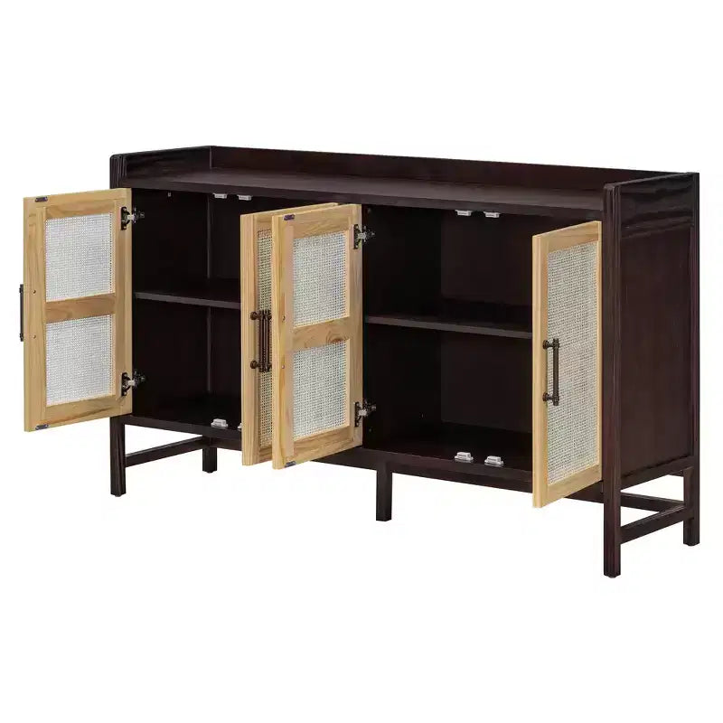 Credenza Rustica con Ante in Rattan e Ripiani Regolabili