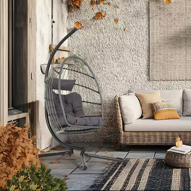 Sedia a Uovo Sospesa con Supporto – Sedia a dondolo in Rattan Wicker con Cuscino, capacità 158 kg, per Interni ed Esterni