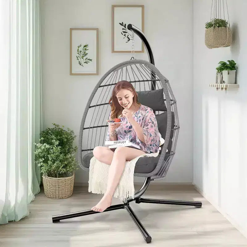 Sedia a Uovo Sospesa con Supporto – Sedia a dondolo in Rattan Wicker con Cuscino, capacità 158 kg, per Interni ed Esterni